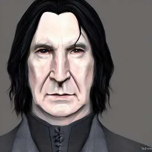 Image similar to A close up shot of Severus Snape, extra detailed, digital illustration, by Randy Bishop, digital painting, Matte painting, trending on artstation and unreal engine