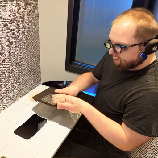 Prompt: a man playing on his iPad on the gaming toilet with rgb lights