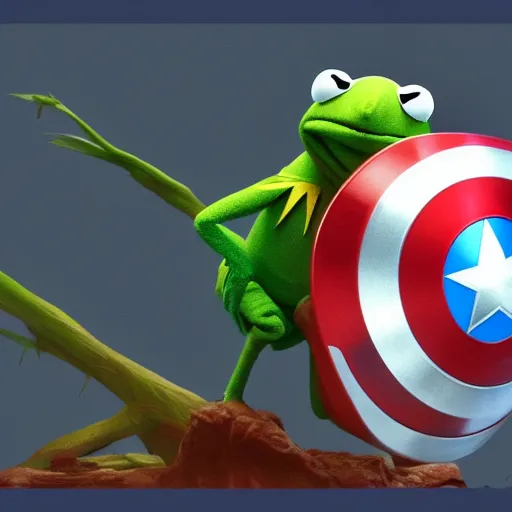 Image similar to Kermit the Frog is Captain America hyperdetailed, artstation, cgsociety, 8k