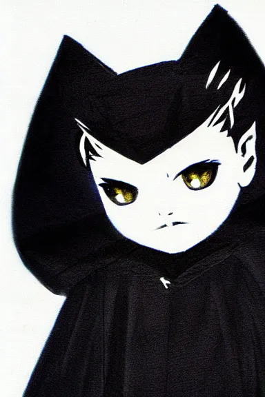 Image similar to attractive little boy in black cat suit with cape, black and white artwork made by hiroshiko araki,