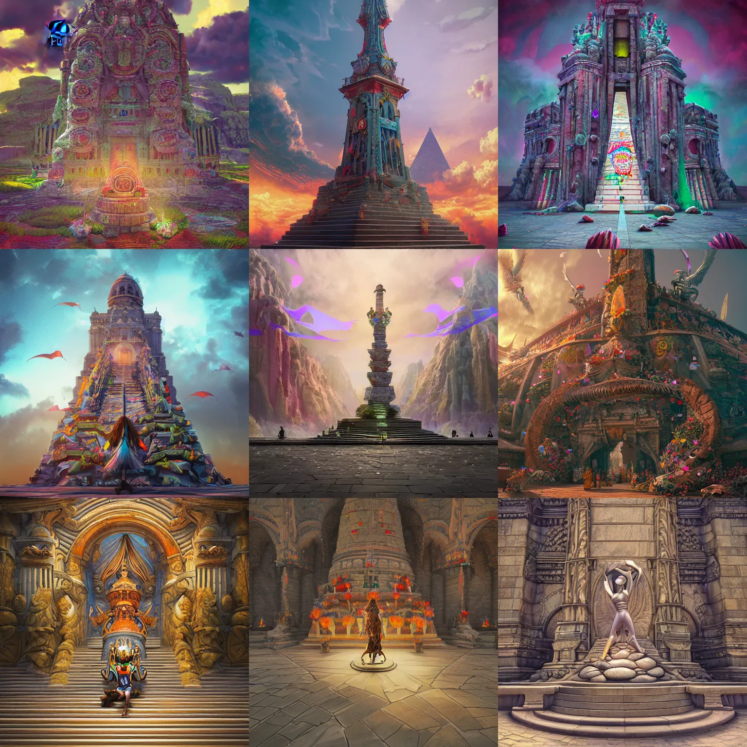 Prompt: worshipping the monument of happy vibes intricately detailed, physically based rendering, realistic, in the style of WLOP, illustration, epic, fantasy, hyper detailed, smooth, unreal engine, sharp focus, ray tracing, war of colors