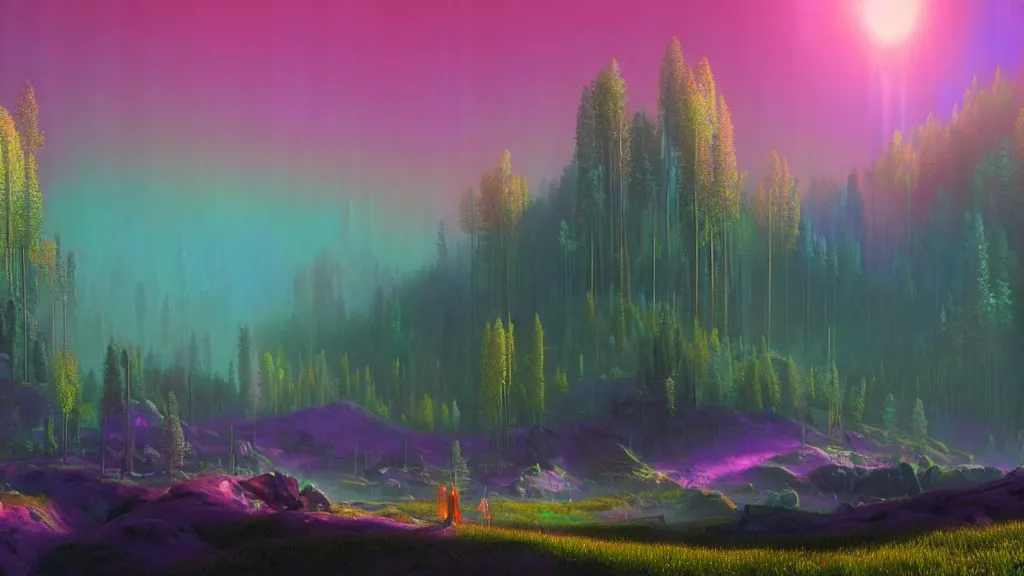 Prompt: highly detailed holographic iridescent glowing ethereal sci fi world with forests, mountains, fog at dusk, by gilbert williams, by simon stalenhag, by beeple, by bruce pennington, by moebius, octane render, with many different pastel shades of blue purple pink orange yellow green, beautiful prismatic volumetric lighting