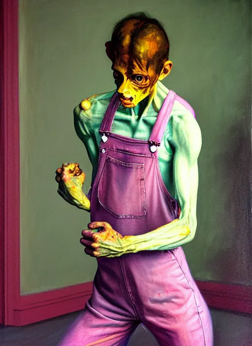 Image similar to an expressive skinny artist wearing overalls physically fighting with a ghost, inside a grand studio, depth of field, hauntingly surreal, highly detailed oil painting, by francis bacon, edward hopper, adrian ghenie, glenn brown, soft light 4 k, green and pink colour palette, cinematic composition, cinematic lighting, high quality octane render, masterpiece