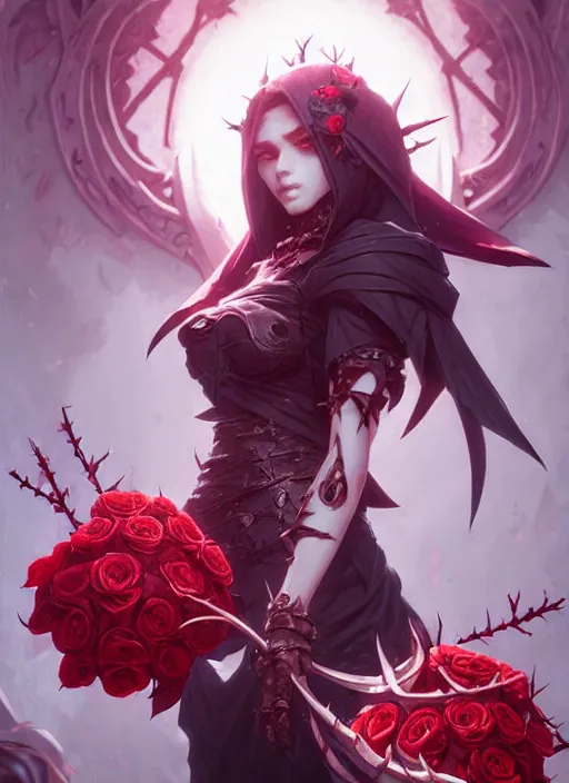 Prompt: beautiful necromancer surrounded by thorns and roses, attarctive face, anime key visual, highly detailed, sharp focus, concept art, league of legends, style by shumolly and monable and artgerm and greg rutkowski and zeronis and pilyeon and ruan jia