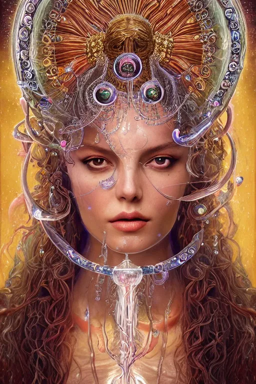 Prompt: a centered render of an mystical wild goddess with wearing ornate silver and gemstones and crystal clothing surrounded by flowing liquid gallium jellyfish and sacred geometry, perfect body and face, gorgeous, cinematic, beautifully lit, by artgerm, by karol bak, by donato giancola, 3 d, trending on artstation, octane render, 8 k