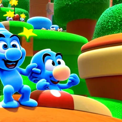 Prompt: smurfs in super mario 3 d world 4 k very high quality