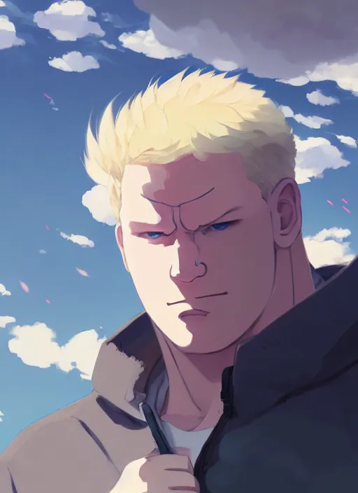 Image similar to portrait of brock lesnar, cloudy sky background lush landscape illustration concept art anime key visual trending pixiv fanbox by wlop and greg rutkowski and makoto shinkai and studio ghibli