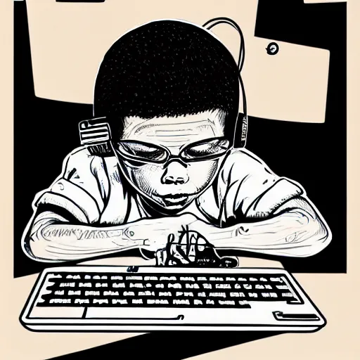 Prompt: illustration of a boy connected to his laptop with wires, highly detailed, by butcher billy, mcbess, rutkowski, james jean,