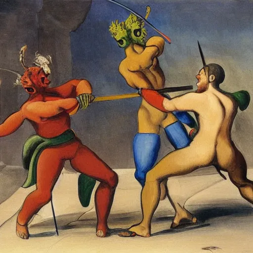 Prompt: A painting of two people, one a demon and the other a human, fighting each other with swords. by Edward Lear peaceful