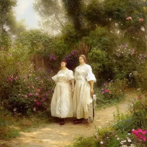 Prompt: remove people. no people. no figures. jean-Baptiste Monge and Solomon Joseph Solomon and Richard Schmid and Jeremy Lipking victorian genre painting portrait painting of an english country cottage with a stone path and flower garden