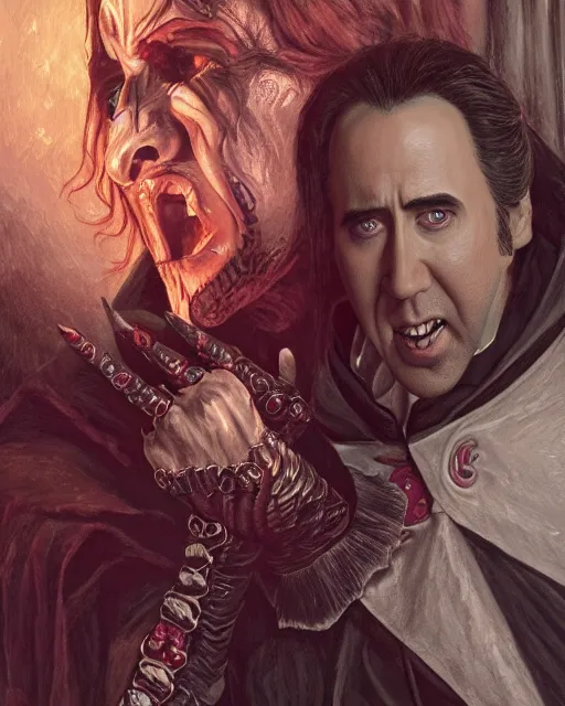 Image similar to nicolas cage as dracula, highly detailed, centered, artstation, concept art, smooth, sharp focus, illustration, bokeh art by artgerm and donato giancola and joseph christian leyendecker