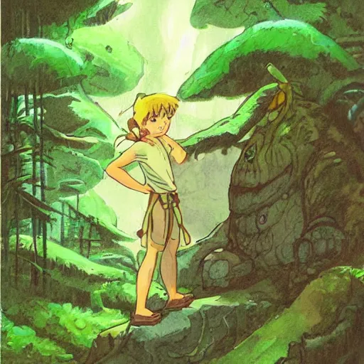 Image similar to a green genie ready to grant wishes deep in the forest, fantasy illustration, studio ghibli