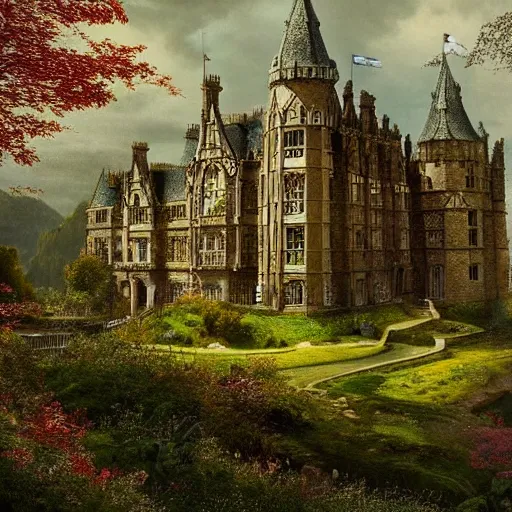 Image similar to England and Wales fairytale victorian castle with a fairytale green roof photorealistic cinematic highly detailed 19th century photorealistic