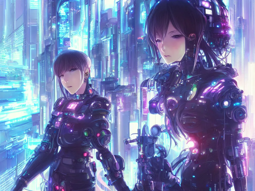 Image similar to anime visual of portrait futuristic cyber warrior girl, in future cyberpunk tokyo rooftop, ssci - fi, fantasy, intricate, very very beautiful, elegant, neon light, highly detailed, digital painting, artstation, concept art, smooth, sharp focus, illustration, art by artgerm and alphonse mucha and wlop and tian zi