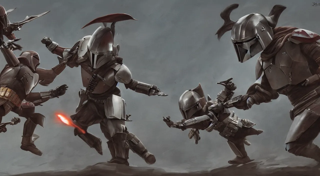 Image similar to Mandalorian fights rhinoceros, concept art, cinematic