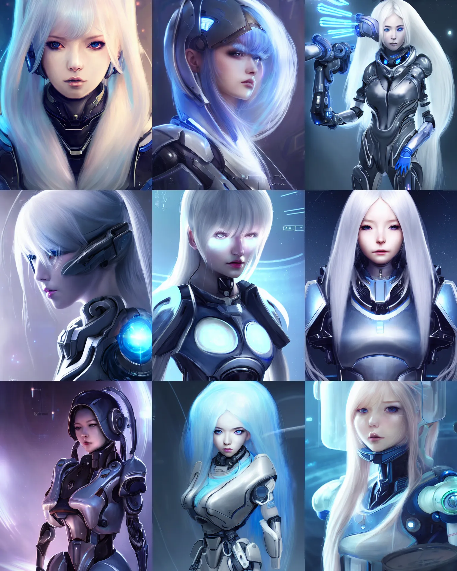 Prompt: perfect android girl, warframe armor, beautiful face, scifi, futuristic, space station, laboratory, kwak ji young, dreamy, long white hair, blue cyborg eyes, cinematic lighting, innocent, highly detailed, focused, artstation, aura, divine, by gauthier leblanc, kazuya takahashi, huifeng huang, jama jurabaev