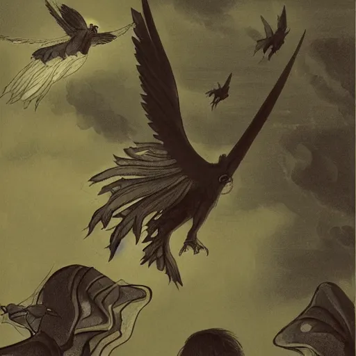 Image similar to A beautiful illustration of a winged creature, possibly an angel, flying high above a group of people in a dark, wooded area. The creature's wings are spread wide and its head is turned upwards, as if it is looking towards the sky. The people below are looking up at the creature with a mixture of awe and fear. by Keith Parkinson, by Carl Larsson evocative