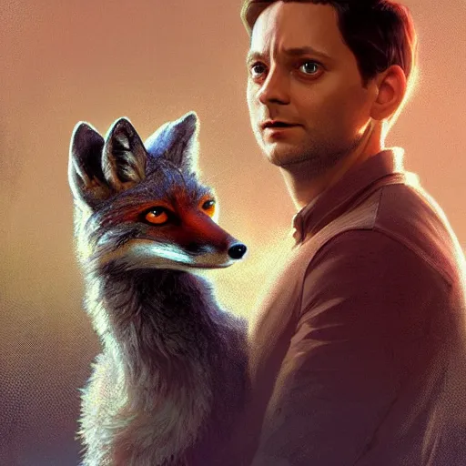 Image similar to tobey maguire and a red fox, intricate, highly detailed, digital painting, artstation, concept art, smooth, sharp focus, illustration, unreal engine 5, 8 k, art by artgerm and greg rutkowski and alphonse mucha