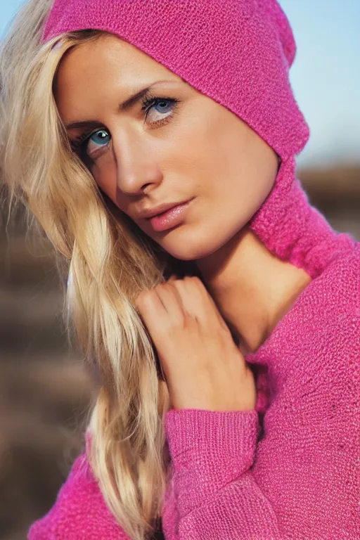 Image similar to olive skinned blonde female model in her twenties, wearing a low cut pink sweater, looking content, focused on her neck, photo realistic, extreme detail skin, natural beauty, no filter, slr, golden hour, 4 k, high definition, selfie