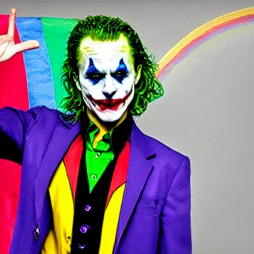 Image similar to the joker waving a rainbow flag