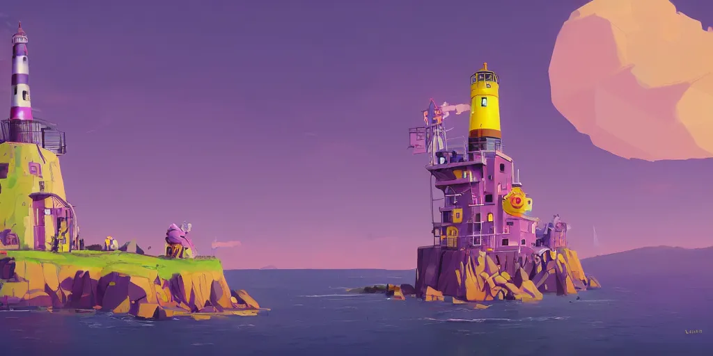 Prompt: cute purple and yellow cartoon monsters building a lighthouse by Goro Fujita and Simon Stalenhag and Basquiat, 8k, trending on artstation, hyper detailed, cinematic