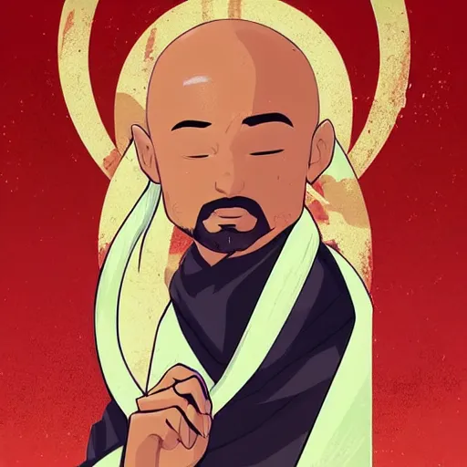 Image similar to a bald terrence boyd as a saint with halo wearing a red kimono, clean cel shaded vector art. shutterstock. behance hd by lois van baarle, artgerm, helen huang, by makoto shinkai and ilya kuvshinov, rossdraws, illustration,