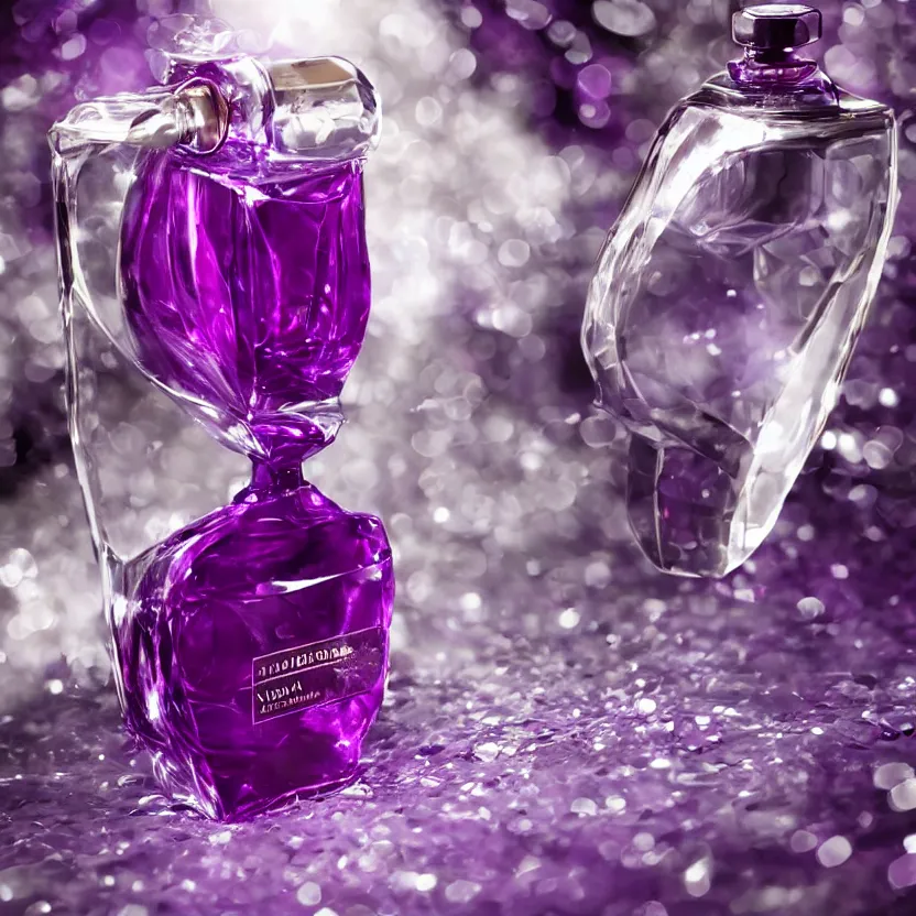 Image similar to close up shot of one premium perfume bottle containing purple liquid, the bottle is placed on a table, the bottle is in the middle of the scene ultra detail, commercial, designer product, cinematic lighting, hd artstation, symmetrical, rendered, 4k