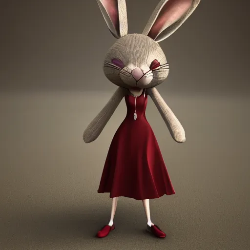 Prompt: beautiful fit female anthropomorphic rabbit with symetric face wearing dress, full body, vray, 5 5 mm