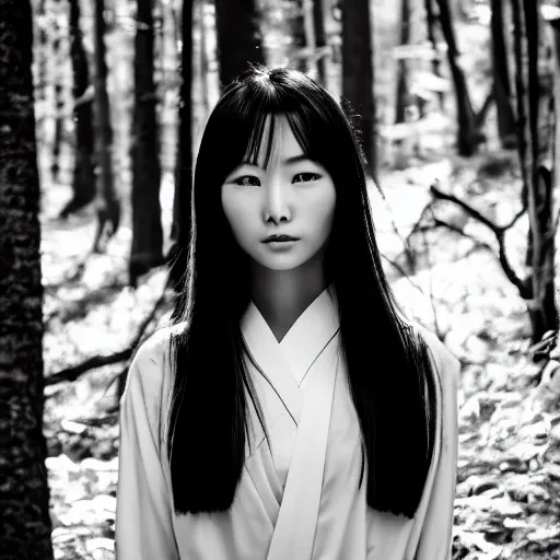 Image similar to black and white photo full shot of beautiful Japanese women with perfect eyes and simetrical face, standing in the forrest, shot by Akira Kurosawa perfect cinematic light, 8k, highl details, sharp focus