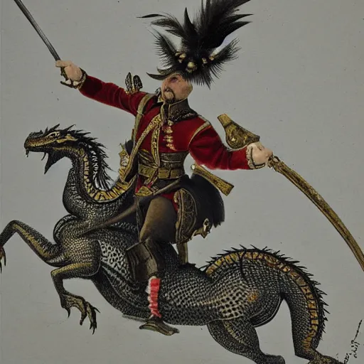 Prompt: French hussar riding a dragon. 19th century battle. Highly detailed art.