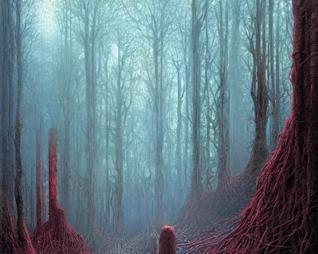 Prompt: An overgrown forest, dense forest, digital art, epic scale, immaculate lighting Beksinski
