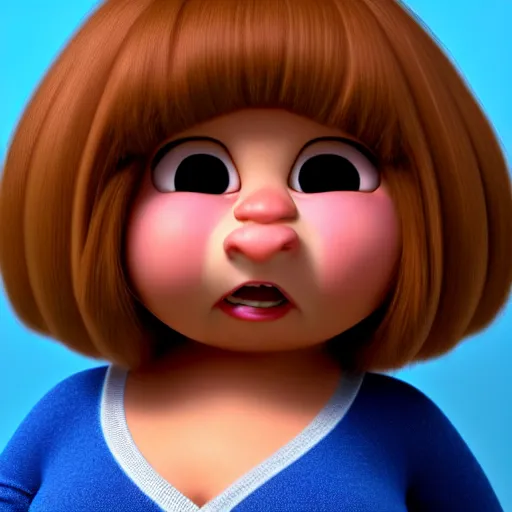 Image similar to A portrait of a chubby woman, a cute 3d cgi toon woman with brown hair in a Bob, brown eyes, full face, olive skin, romanian heritage, cute outfit, medium shot, mid-shot, hyperdetailed, 8k, trending on artstation, as a Pixar character