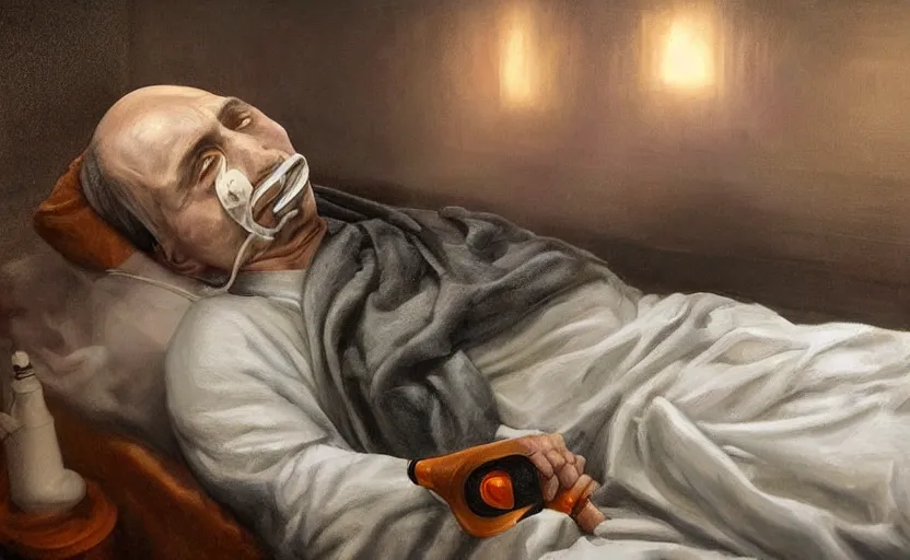 Image similar to hyperrealistic painting of very ill Vladimir Putin as a patient wearing an oxygen mask on a death bed inhaling from Copium tank that stand near his bed, dimly lit cozy tavern, leather tunic, confident relaxed pose, d&d, stunning 3d render inspired art by Tim Okamura and Lise Deharme + perfect facial symmetry + dim volumetric lighting, 8k octane beautifully detailed render, post-processing, extremely hyperdetailed, intricate, epic composition, grim yet sparkling atmosphere, cinematic lighting + masterpiece, trending on artstation, very very detailed, masterpiece, stunning