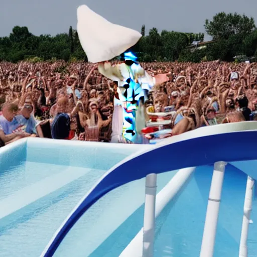 Prompt: the pope on a water slide, professional photography