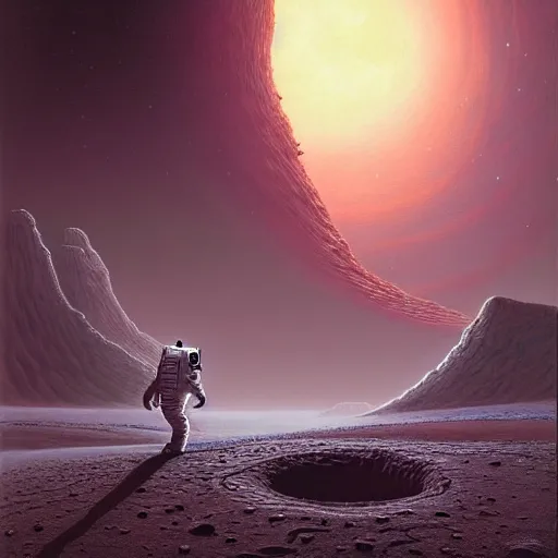 Image similar to astronaut exploring a strange surface of another planet, astronat sees signs of ancient civilization, ultra high definition, ultra detailed, symmetry, sci - fi, dark fantasy, by wayne barlowe