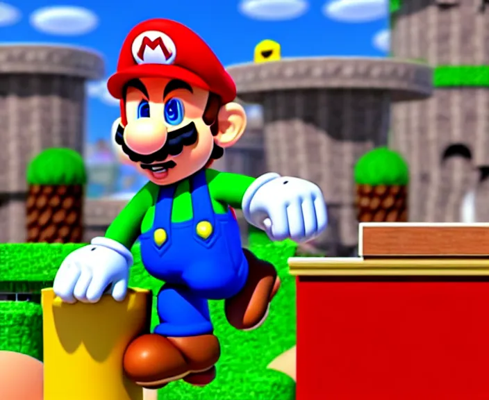 Prompt: still from a 3 d cartoon of ( ( super mario standing behind a podium in the mushroom kingdom, political ) ), 4 k, official screenshot, close - up