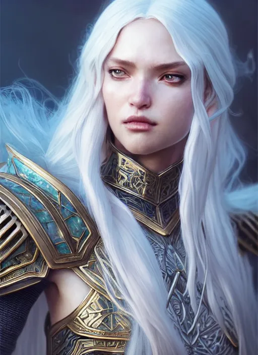 Image similar to light opal armor!!! long wild white hair!! covered chest!!! fantasy, d & d, intricate ornate details, symmetry, concept art, sharp focus, illustration, art by artgerm! greg rutkowski magali villeneuve wlop! ilya kuvshinov!!, octane render, unreal engine 5, highly rendered!!