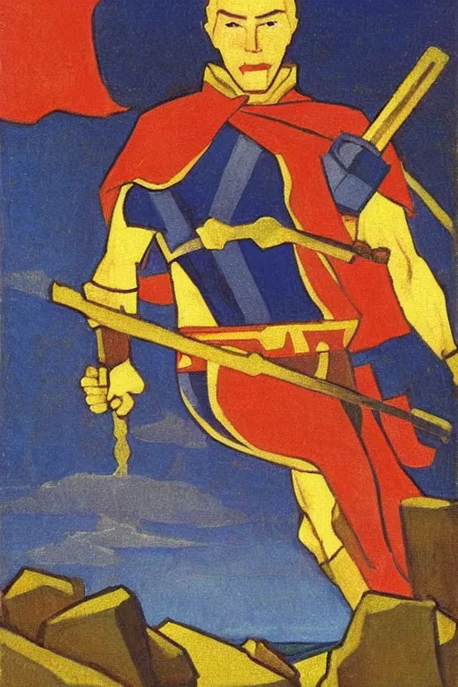 Image similar to thor with hammer, marvel, artwork by nicholas roerich,