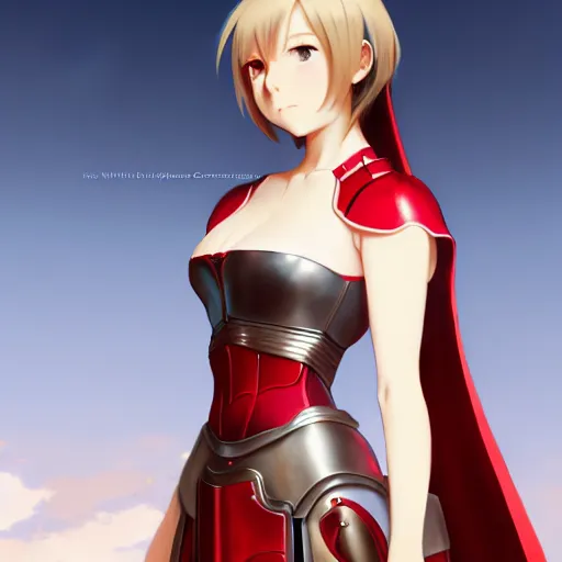 Prompt: card art of a girl wearing red armor with white dress, makoto shinkai, very detailed, realistic face, detailed face, matte, tonemapping, bbwchan, perfection, 4K, William-Adolphe Bouguereau