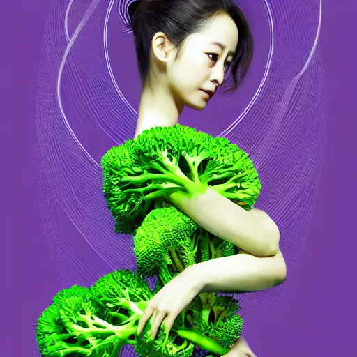 Image similar to the portrait of an unbelievably beautiful, elegant, and sophicated young kim tae hee partially made of broccoli, an ultrafine detailed illustration by james jean, intricate linework, bright colors, final fantasy, behance contest winner, vanitas, angular, altermodern, unreal engine 5 highly rendered, global illumination, radiant light, detailed and intricate environment