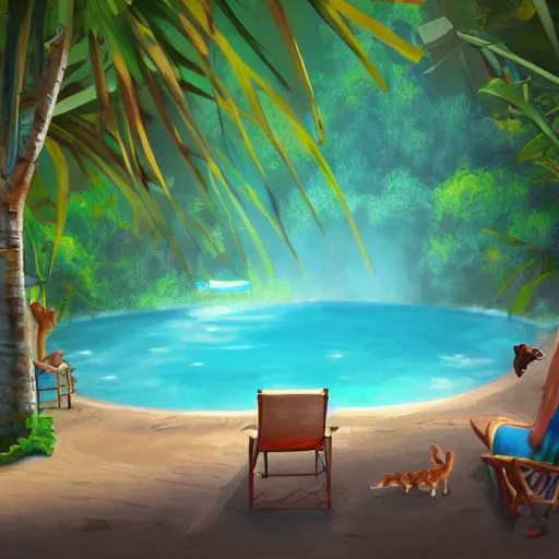 Image similar to swimming pool in the middle of the jungle a cat and a dog playing around , empty beach chair , highly detailed, digital painting, artstation, concept art