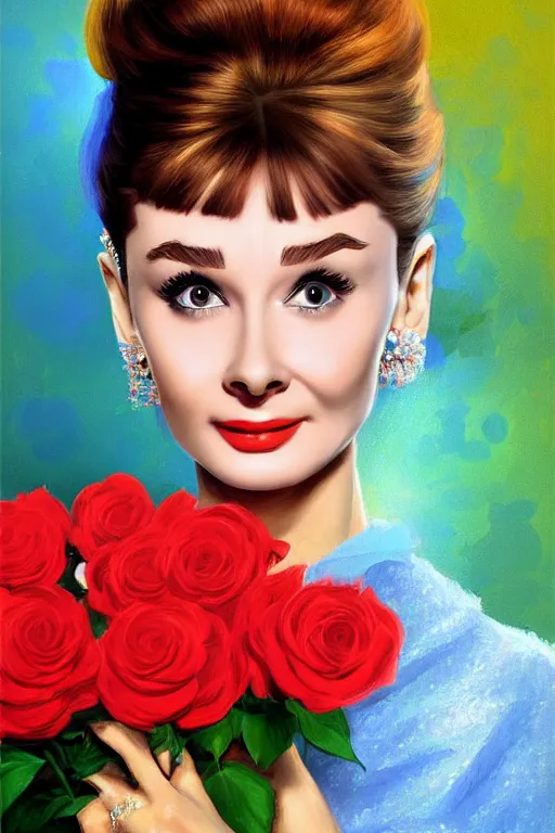 Prompt: beautiful digital painting audrey hepburn and blue roses, by Victor Nizovtsev , artstation, Behance, 4K