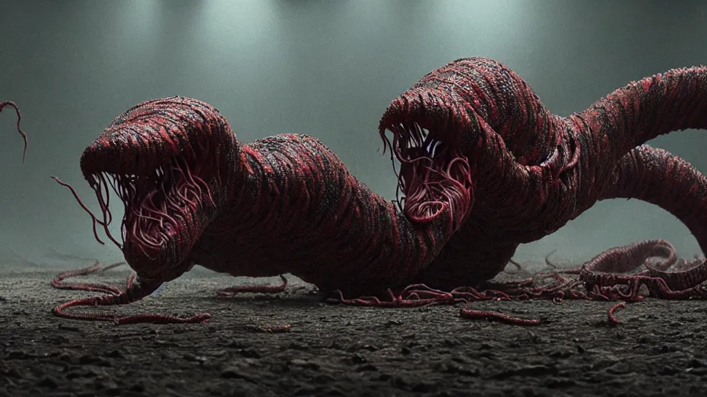 Prompt: screaming worm monster, maximalist, high detail, 8k, ornate, dark fantasy, realistic, masterpiece, complex, WLOP, film still from the movie directed by Denis Villeneuve with art direction