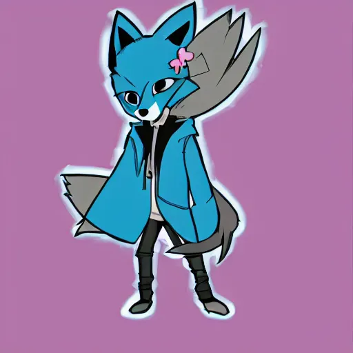 Prompt: anime style colored pencil sketch of an anthropomorphic blue fox fursona furry male character wearing a stylish all over print hoodie, notebook drawing, realisitc photo