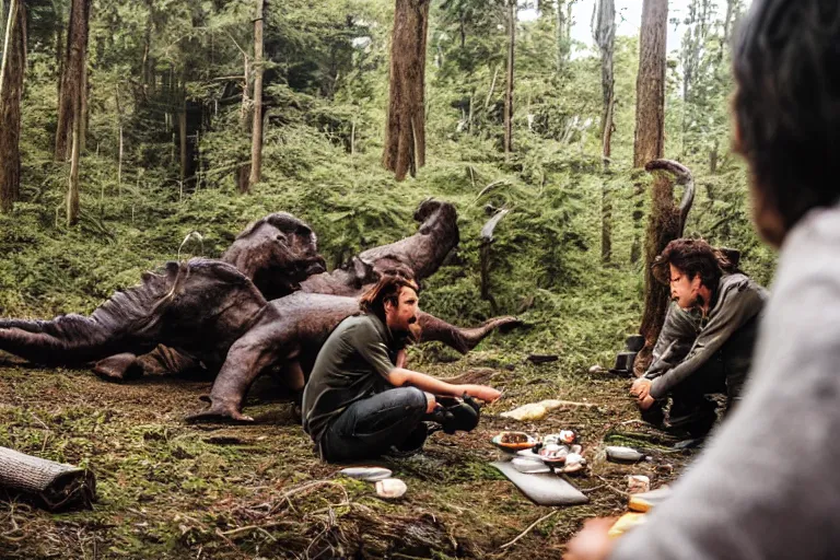 Image similar to 2 4 mm leica anamorphic lens, photo, hyper detailed, neanderthal people eating sushi, surrounded by dinosaurs!, gigantic forest trees, sitting on rocks, bonfire, close up camera on bonfire level