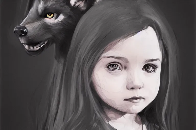 Prompt: portrait of a little girl with a wolf head, dark color scheme, ink, artstation