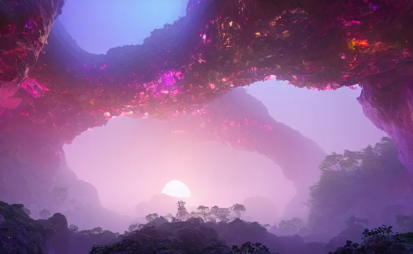Image similar to a beautiful and stunning digital render of a humongous opal cave, dimly glowing crystals, vines, haze, waterfall, volumetric lighting, photorealistic, red sky, sunset, unreal engine 5, ultra detail, trending on artstation