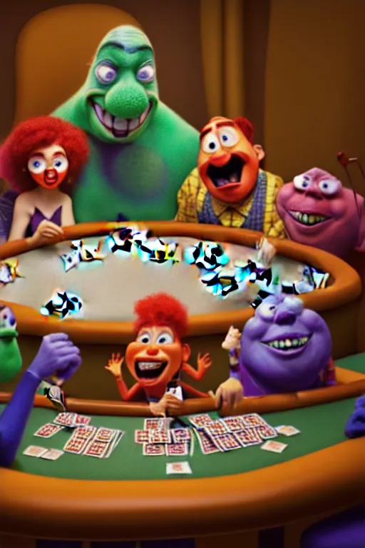 Image similar to pixar serious people playing poker, an angry clown is sitting at the table, screaming | glamorous oily soft polished rich ornate modern | weta disney pixar movie still photo | hi - fructose, sci fi fantasy, smooth, octane render, sharp focus, artstation, concept art | artgerm, mucha, rutkowski, feng zhu, wlop, loish