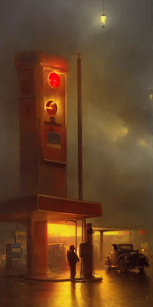 Image similar to a gas station in 1 9 4 0 with yellow and red light in the middle of the night, a men stand up next to the pump, mystical blue fog, oil on canvas, art by andreas achenbach, clemens ascher, tom bagshaw and sabbas apterus,