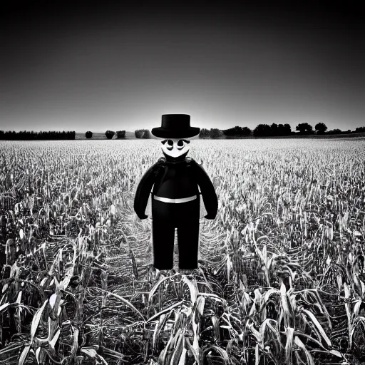 Prompt: The Hamburglar in a cornfield, UHD, HDR, intricate detail, black and white, gothic horror, moody, atmospheric lighting, haunting